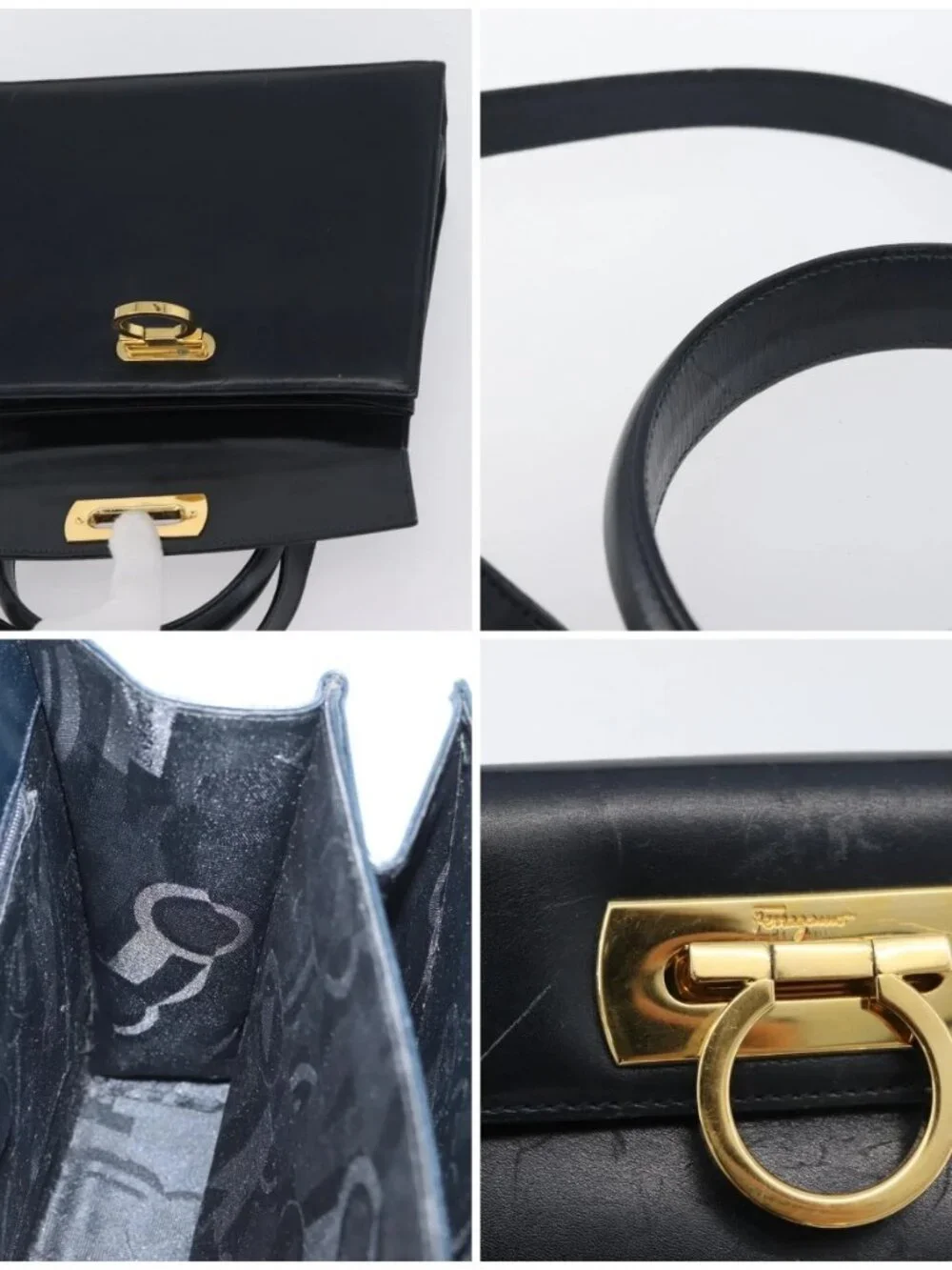 Salvatore Ferragamo Gancini Hand Bag Leather 2way Navy Gold Auth AMZ378